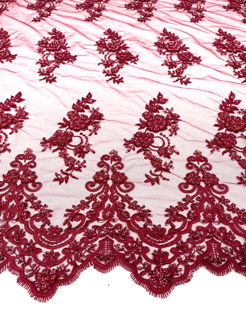 Burgundy elegant hand beaded flower design embroider on a mesh lace-prom-sold by the yard.