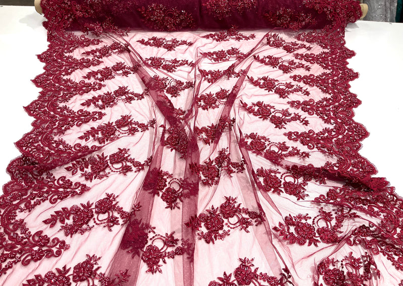 Burgundy elegant hand beaded flower design embroider on a mesh lace-prom-sold by the yard.