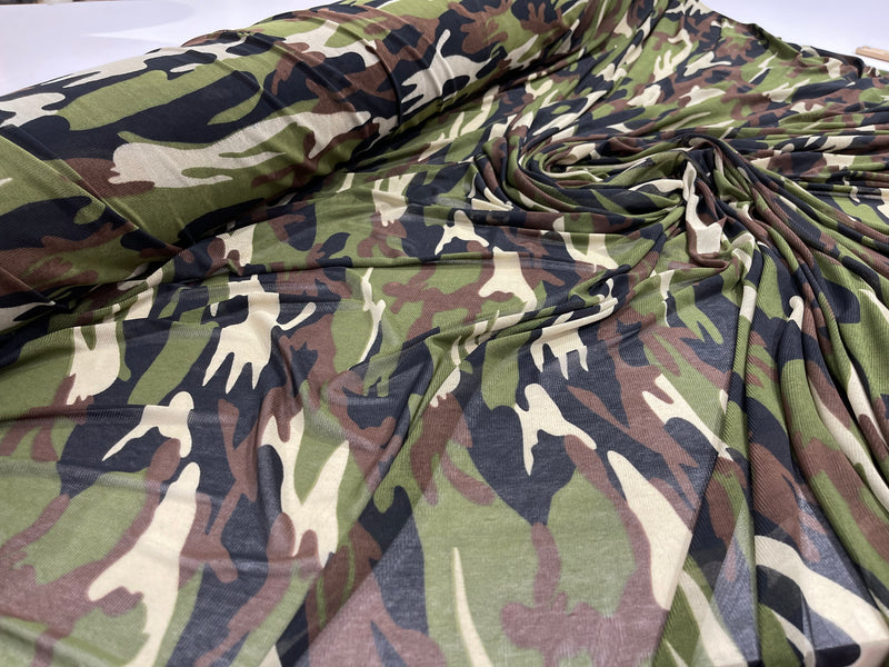 Green/ Tan/ Black Camouflage design on a Brown power mesh 4-way stretch 58"-Sold by the yard.