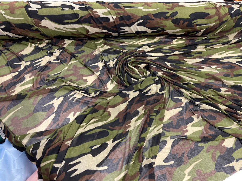 Green/ Tan/ Black Camouflage design on a Brown power mesh 4-way stretch 58"-Sold by the yard.