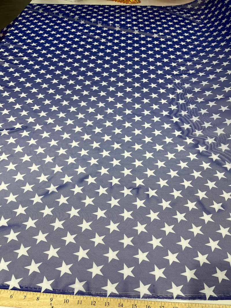 Patriotic White star design on Royal Blue power mesh 4-way stretch 58"-Sold by the yard