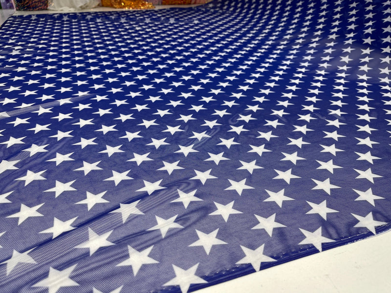 Patriotic White star design on Royal Blue power mesh 4-way stretch 58"-Sold by the yard