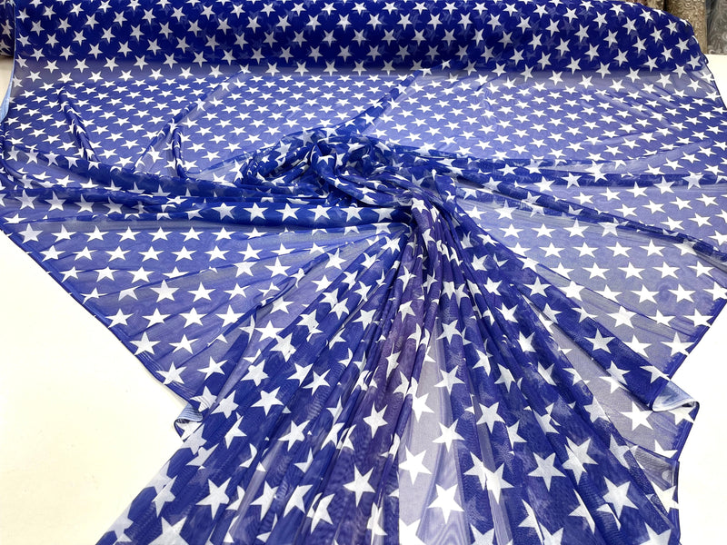 Patriotic White star design on Royal Blue power mesh 4-way stretch 58"-Sold by the yard