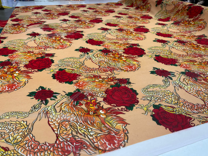 Dragon design with red roses on a power mesh 4-way stretch 58"-Sold by the yard.