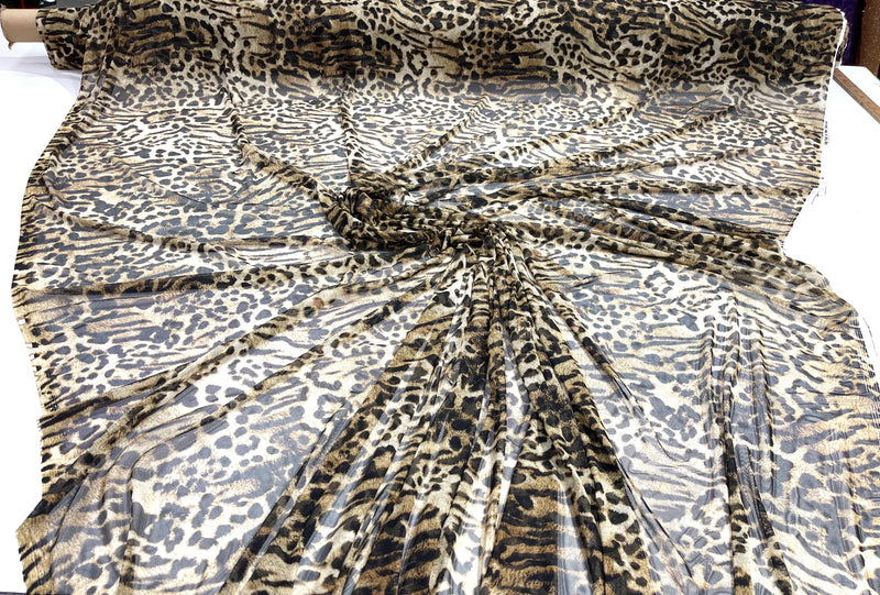 Tan/ Brown/ Black Leopard design on a power mesh 4-way stretch 58"-Sold by the yard.