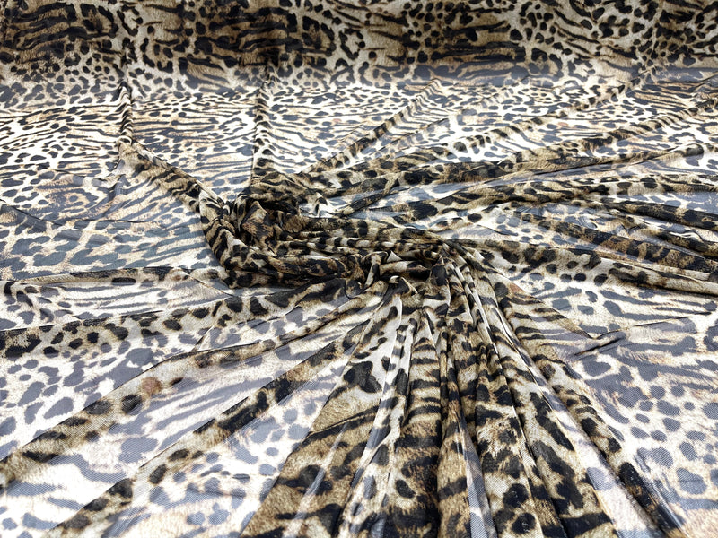 Tan/ Brown/ Black Leopard design on a power mesh 4-way stretch 58"-Sold by the yard.