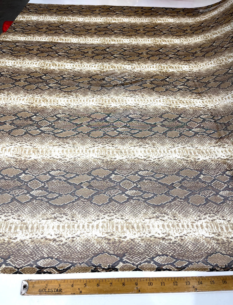 Tan/ Brown/ Black rattle snake design on a power mesh 4-way stretch 58"-Sold by the yard.