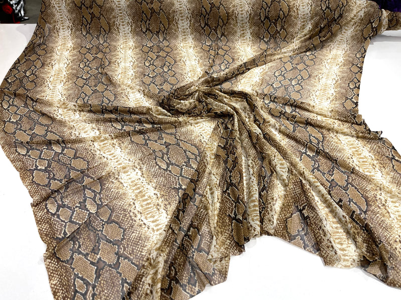 Tan/ Brown/ Black rattle snake design on a power mesh 4-way stretch 58"-Sold by the yard.
