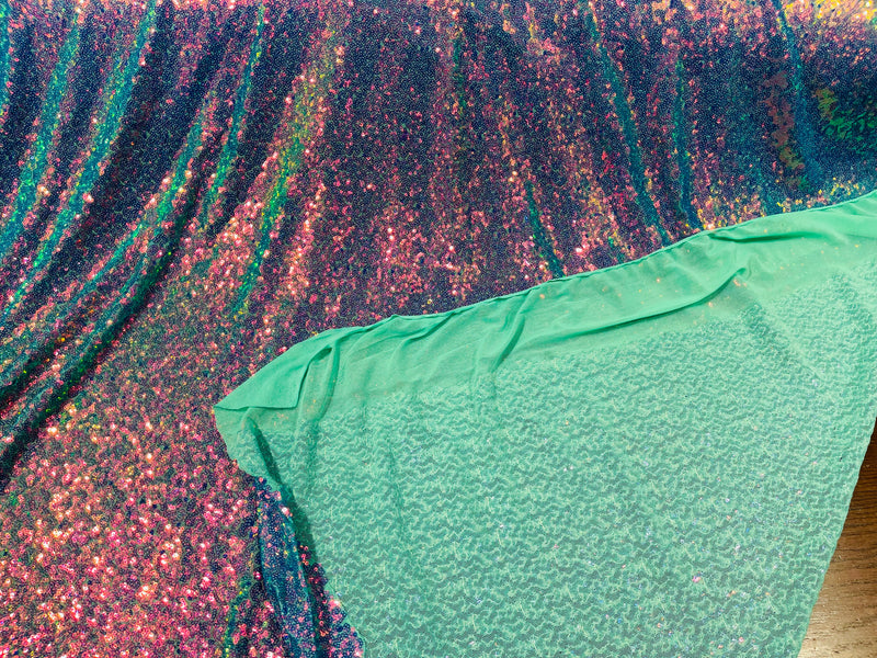 Lavender Iridescent Mini Glitz Sequins on a Mint Green 4 Way Stretch Mesh-Sold By The Yard.