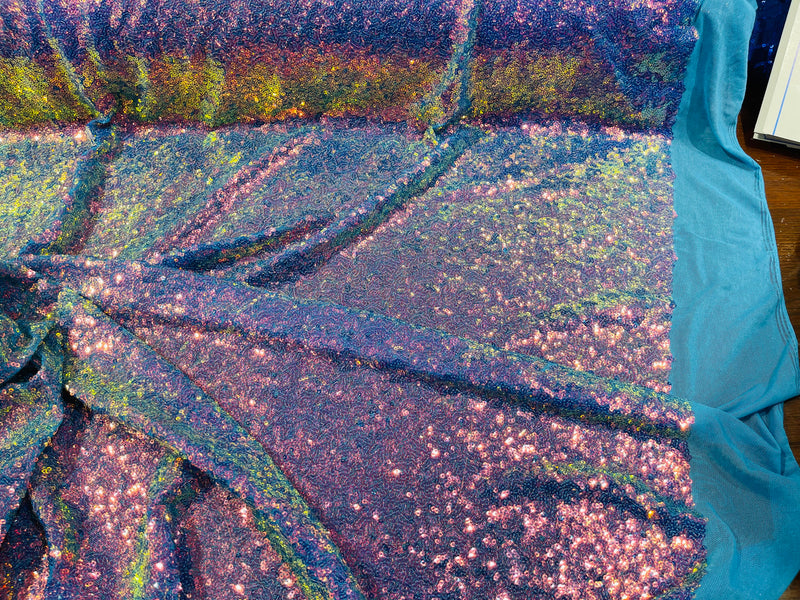Lavender Iridescent Mini Glitz Sequins on a Turquoise 4 Way Stretch Mesh-Sold By The Yard.