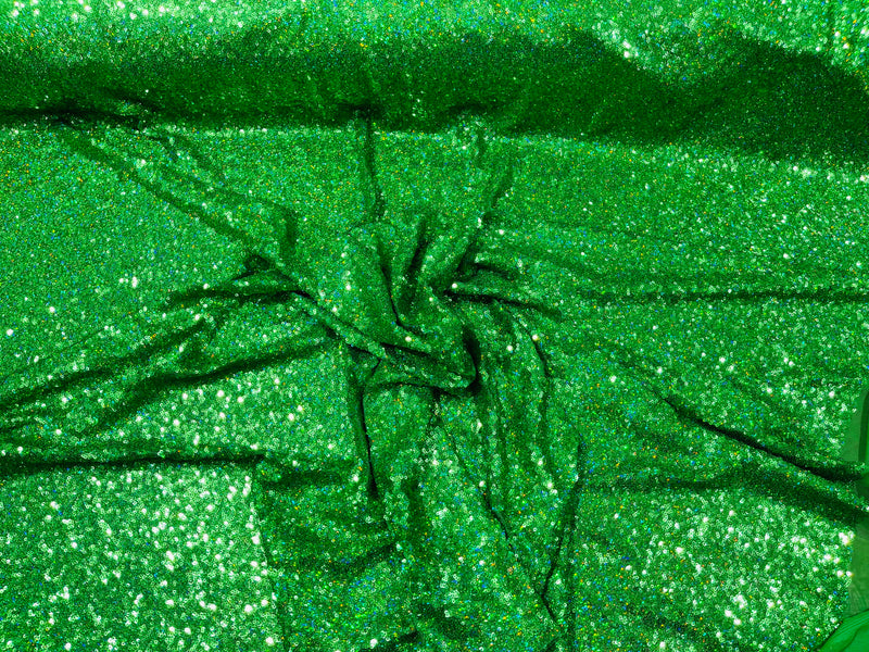 Kelly Green Iridescent Mini Glitz Sequins on a 4 Way Stretch Mesh-Sold By The Yard.