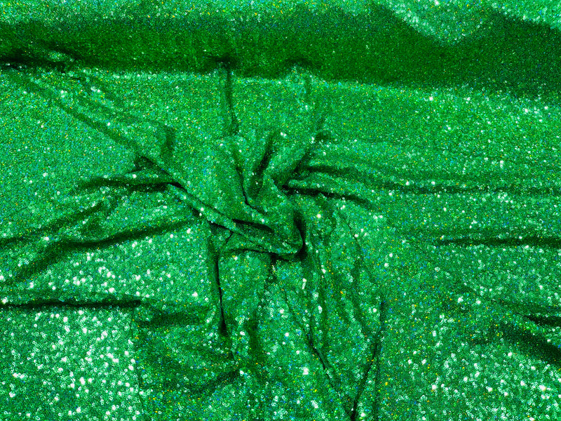 Kelly Green Iridescent Mini Glitz Sequins on a 4 Way Stretch Mesh-Sold By The Yard.