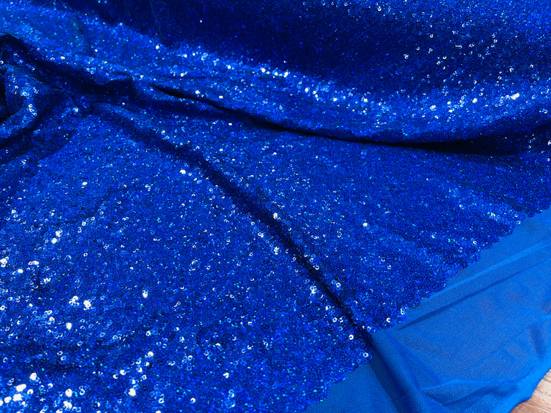 Royal Blue Iridescent Mini Glitz Sequins on a 4 Way Stretch Mesh-Sold By The Yard.