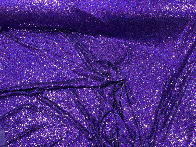 Purple Iridescent Mini Glitz Sequins on a 4 Way Stretch Mesh-Sold By The Yard.