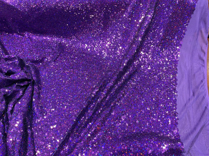 Purple Iridescent Mini Glitz Sequins on a 4 Way Stretch Mesh-Sold By The Yard.