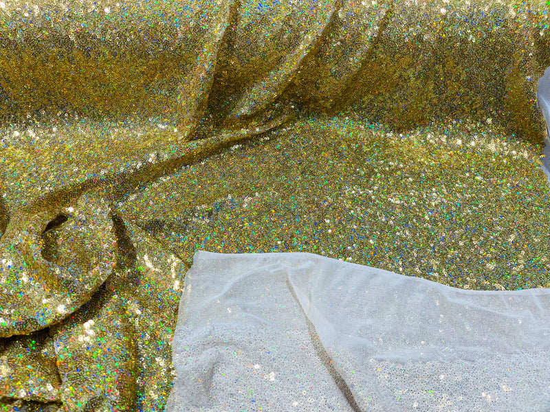 Gold Iridescent Mini Glitz Sequins on a 4 Way Stretch Mesh-Sold By The Yard.
