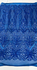 Feather Damask Shiny Sequin Design on a 4 Way Stretch mesh Fabric-Prom Night -Sold by The Yard.