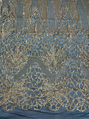 Feather Damask Shiny Sequin Design on a 4 Way Stretch mesh Fabric-Prom Night -Sold by The Yard.