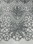 Feather Damask Shiny Sequin Design on a 4 Way Stretch mesh Fabric-Prom Night -Sold by The Yard.