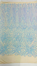 Feather Damask Shiny Sequin Design on a 4 Way Stretch mesh Fabric-Prom Night -Sold by The Yard.