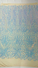 Feather Damask Shiny Sequin Design on a 4 Way Stretch mesh Fabric-Prom Night -Sold by The Yard.