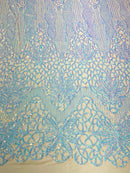 Feather Damask Shiny Sequin Design on a 4 Way Stretch mesh Fabric-Prom Night -Sold by The Yard.