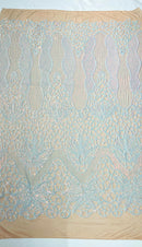 Feather Damask Shiny Sequin Design on a 4 Way Stretch mesh Fabric-Prom Night -Sold by The Yard.