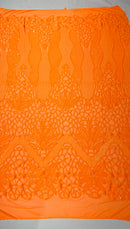 Feather Damask Shiny Sequin Design on a 4 Way Stretch mesh Fabric-Prom Night -Sold by The Yard.