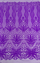 Feather Damask Shiny Sequin Design on a 4 Way Stretch mesh Fabric-Prom Night -Sold by The Yard.