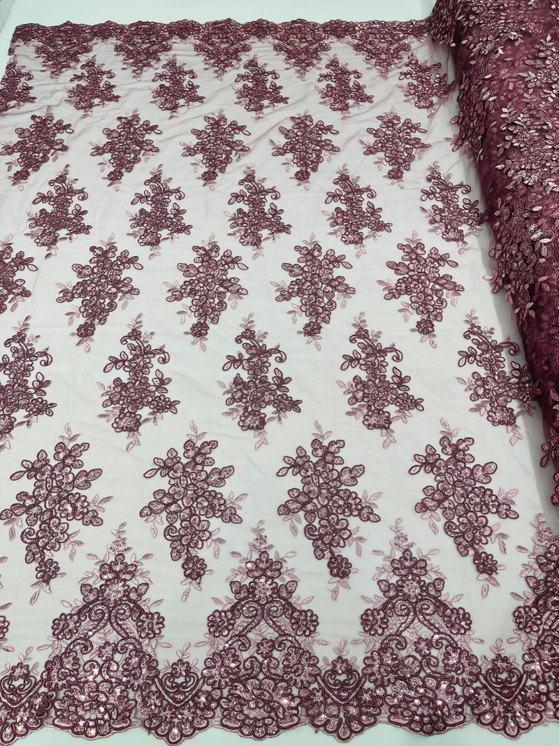 Dusty Rose floral design embroidery on a mesh lace with sequins and cord-sold by the yard.