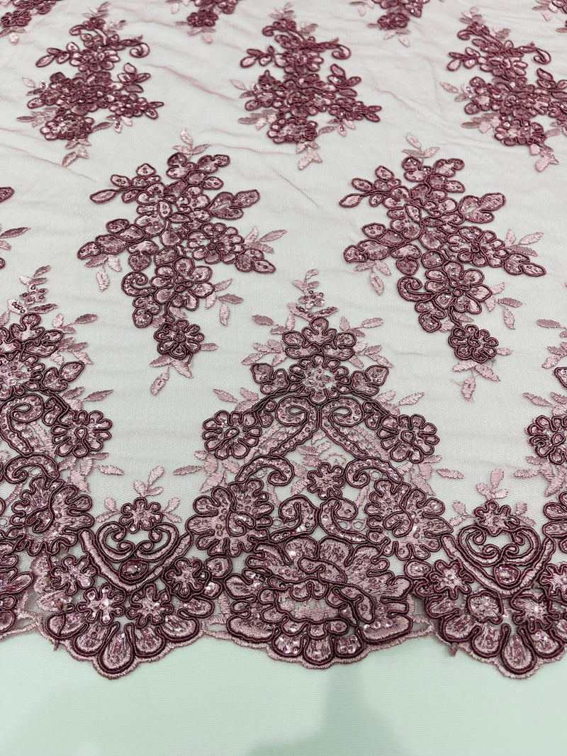 Dusty Rose floral design embroidery on a mesh lace with sequins and cord-sold by the yard.