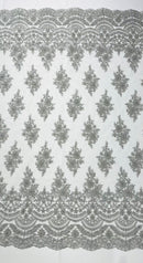 Erin Diamond Beaded Metallic Floral Embroider On a Mesh Lace Fabric-Sold By The Yard