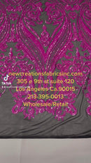 BIG DAMASK SEQUIN ON STRETCH MESH FABRIC (By The Yard)