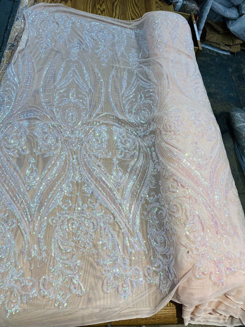 Damask Sequin Design On A 4 Way Stretch Mesh- Sold By The Yard