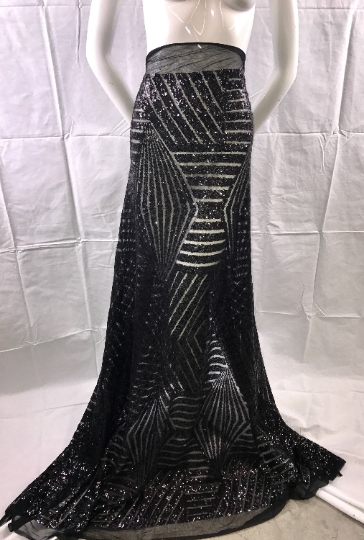 Geometric shiny sequins design embroider on a mesh-dresses-fashion-apparel-nightgown-prom-decorations-sold by the yard.