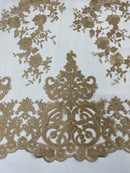 Elegant flower damask flat lace embroidery on a mesh - sold by the yard. - New Creations Fabric & Foam Inc