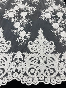 Elegant flower damask flat lace embroidery on a mesh - sold by the yard. - New Creations Fabric & Foam Inc