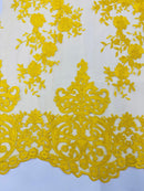 Elegant flower damask flat lace embroidery on a mesh - sold by the yard. - New Creations Fabric & Foam Inc