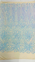 Feather Damask Shiny Sequin Design on a 4 Way Stretch mesh Fabric - Prom Night - Sold by The Yard. - New Creations Fabric & Foam Inc