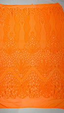 Feather Damask Shiny Sequin Design on a 4 Way Stretch mesh Fabric - Prom Night - Sold by The Yard. - New Creations Fabric & Foam Inc