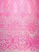 Feather Damask Shiny Sequin Design on a 4 Way Stretch mesh Fabric - Prom Night - Sold by The Yard. - New Creations Fabric & Foam Inc