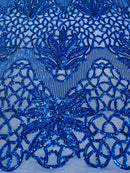 Feather Damask Shiny Sequin Design on a 4 Way Stretch mesh Fabric - Prom Night - Sold by The Yard. - New Creations Fabric & Foam Inc