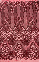 Feather Damask Shiny Sequin Design on a 4 Way Stretch mesh Fabric - Prom Night - Sold by The Yard. - New Creations Fabric & Foam Inc