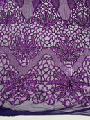 Feather Damask Shiny Sequin Design on a 4 Way Stretch mesh Fabric - Prom Night - Sold by The Yard. - New Creations Fabric & Foam Inc