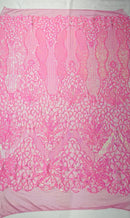 Feather Damask Shiny Sequin Design on a 4 Way Stretch mesh Fabric - Prom Night - Sold by The Yard. - New Creations Fabric & Foam Inc