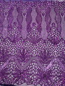 Feather Damask Shiny Sequin Design on a 4 Way Stretch mesh Fabric - Prom Night - Sold by The Yard. - New Creations Fabric & Foam Inc