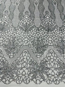 Feather Damask Shiny Sequin Design on a 4 Way Stretch mesh Fabric - Prom Night - Sold by The Yard. - New Creations Fabric & Foam Inc