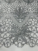 Feather Damask Shiny Sequin Design on a 4 Way Stretch mesh Fabric - Prom Night - Sold by The Yard. - New Creations Fabric & Foam Inc