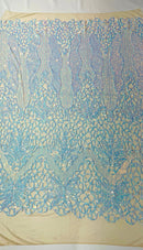 Feather Damask Shiny Sequin Design on a 4 Way Stretch mesh Fabric - Prom Night - Sold by The Yard. - New Creations Fabric & Foam Inc