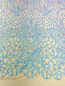 Feather Damask Shiny Sequin Design on a 4 Way Stretch mesh Fabric - Prom Night - Sold by The Yard. - New Creations Fabric & Foam Inc